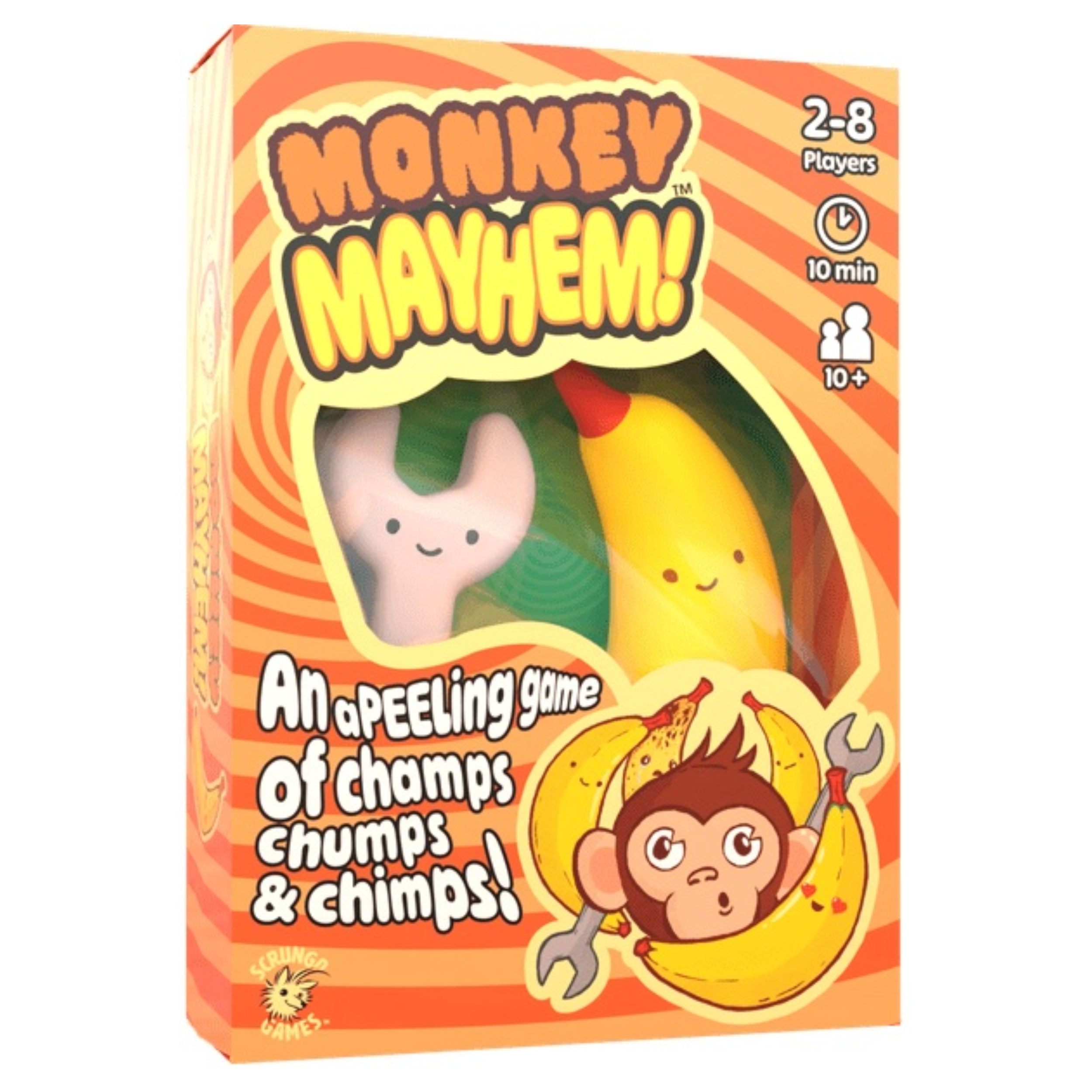 Monkey Mayhem Card Game picture of box shows included wrench and banana